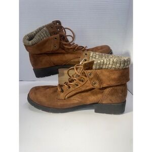Womens Size 7.5M Arizona AZ Brown Faux Suede Lace Up Ankle Boots Knit Cuff